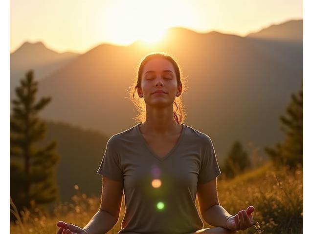A person meditating peacefully with a backdrop of serene Colorado mountains at sunrise, symbolizing holistic health and peace.