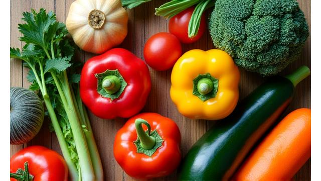 Fresh organic vegetables and fruits arranged on a wooden table, symbolizing chronic disease prevention through diet.