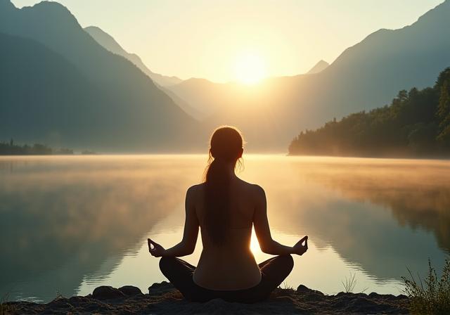 A person meditating peacefully by a calm mountain lake at sunrise, representing holistic wellness.