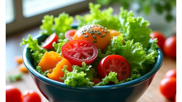 A vibrant bowl of fresh salad ingredients, depicting healthy eating.