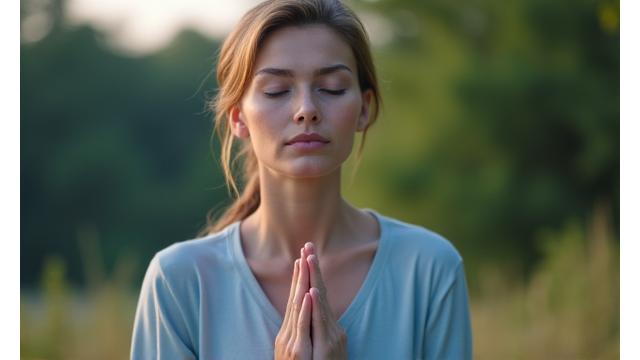 A person calmly practicing deep breathing exercises in a tranquil setting, demonstrating stress management.