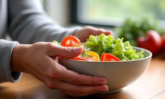 Woman enjoying healthy food mindfully