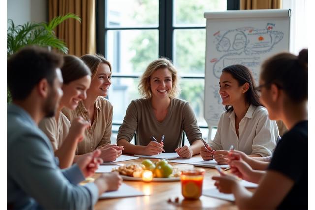 Group of people actively participating in a wellness workshop, discussing and taking notes with an instructor.