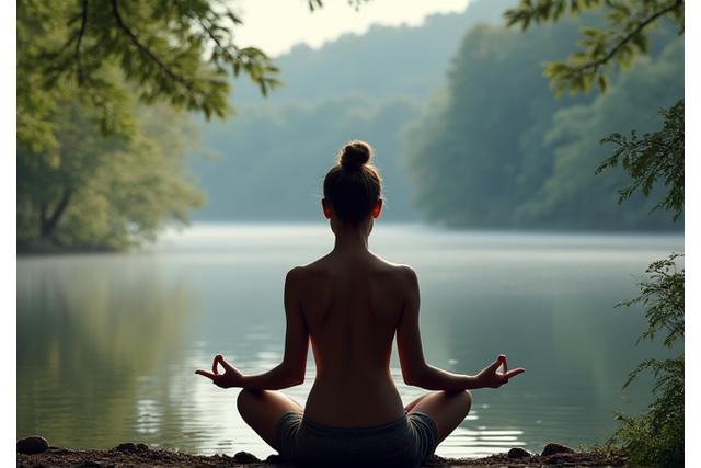 Person meditating peacefully in a natural, serene setting, symbolizing stress relief and mindfulness.